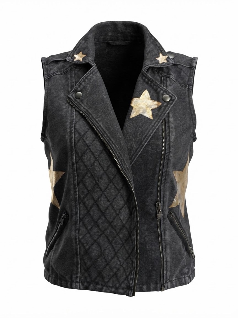 Black Star-Print Quilted Moto Vest - Women